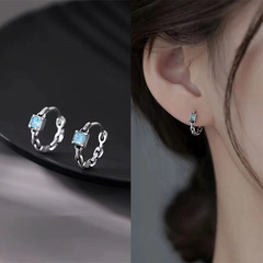 s925銀簡約藍鑽方糖氣質耳扣個性輕奢耳環高級感小眾設計百搭耳飾