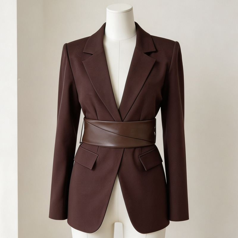 European and American style brown blazer for women with detachable leather wide waistband, shoulder pads, waist-cinching, slimming, and suitable for commuting