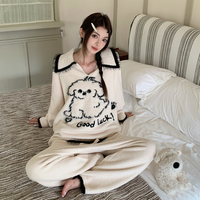 French-style, light luxury, cartoon dog print pajama set for women, long-sleeved and long-legged, suitable for spring and autumn, Korean-style, sweet and cute, two-piece loungewear set