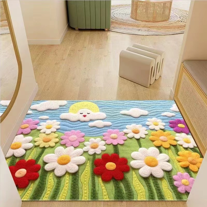 小清新花朵3D創意入戶門墊彩虹色仿羊絨玄關墊毯臥室床邊毯
