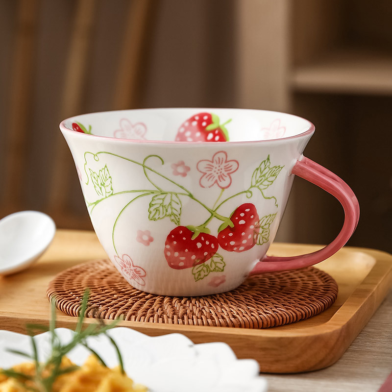 手繪早餐杯美式燕麥咖啡杯子 家用水杯帶勺高顏值陶瓷禮品馬克杯