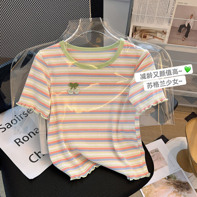 彩虹条纹短袖T恤女2024夏季新款韩版修身新款短款上衣打底衫ins潮
