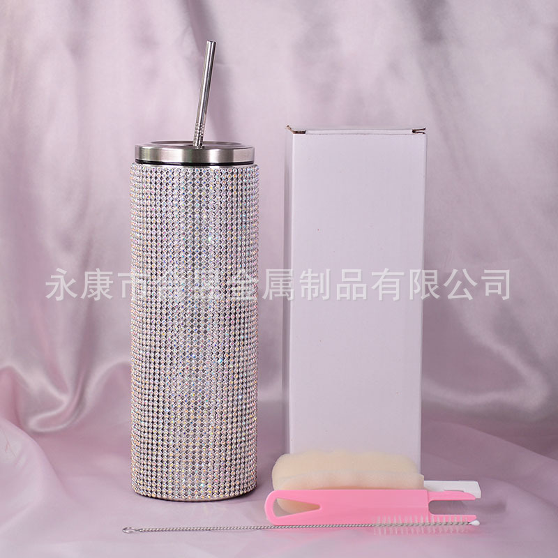 20oz Comercio exterior moda nuevo diamante paja 304 Acero inoxidable recta taza de vacío completo diamante taza de café