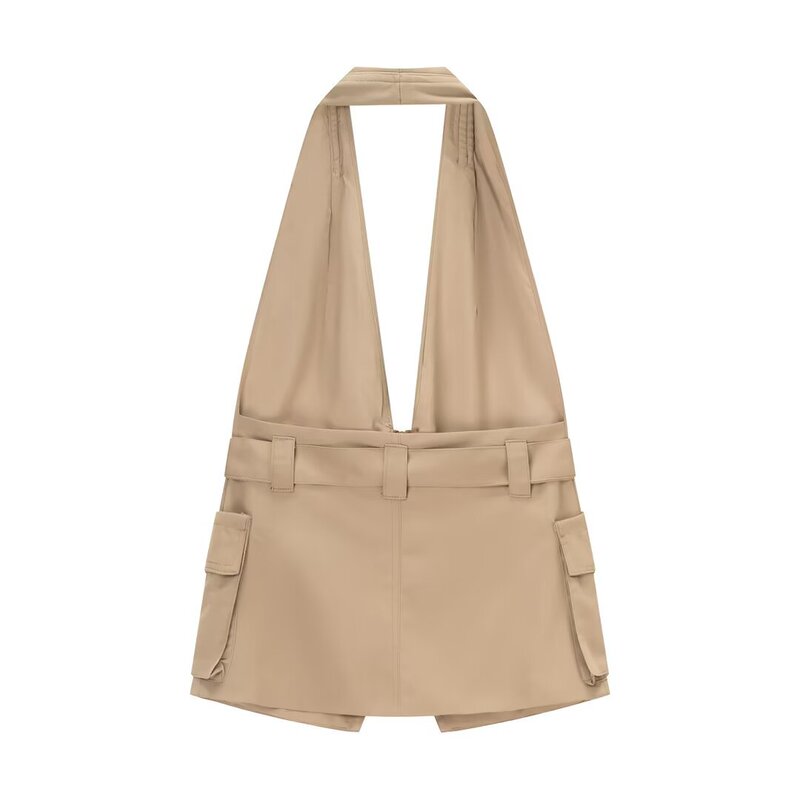 Cross-Border Wholesale Women's New Style Pocket Decorative Belt Short Halter Neck Vest Top Cross-Border Wholesale Women's New Style Pocket Decorative Belt Short Halter Neck Vest Top