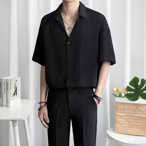 Ice Silk Short Sleeve Summer Japanese Style 2025 New Arrival Solid Color Simple Men's Loose Casual Five-Button Shirt Top Trendy