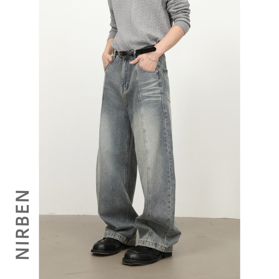 Quần jean nam ống rộng lưng giữa, dáng suông thẳng, denim mềm phong cách retro — màu xanh