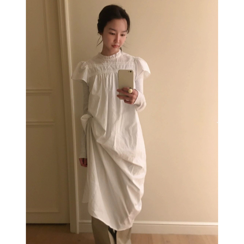 2026 Summer New Korean Designer Smo*Thmood Lace-Trimmed Small Stand-Up Collar Pleated Dress