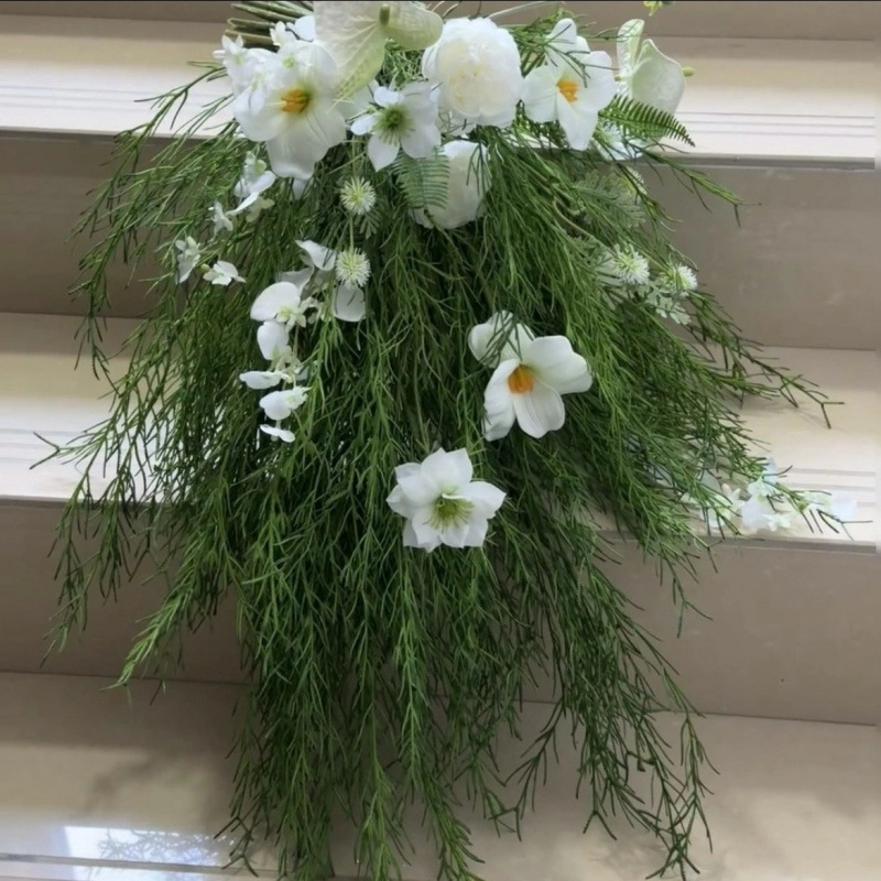 瀑布手捧花新娘仿真花婚纱照影楼拍摄道具文竹蝴蝶兰森系水滴手捧|undefined
