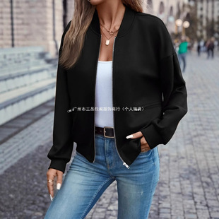 In-Stock Cross-Border European and American Size Solid Color Zipper Pocket Stand Collar Simple Casual Jacket Black