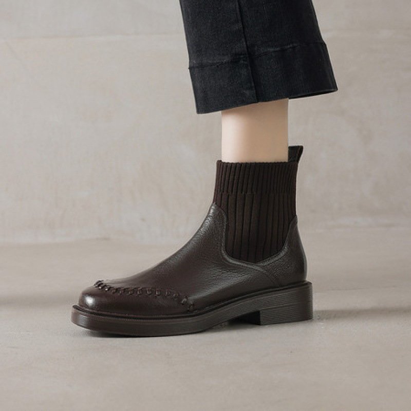 Chengdu Handmade Women's Shoes Retro Round Toe Thick Heel High Heel Short Boots Women's Genuine Leather Knitted Socks Boots Slimming Chelsea Boots