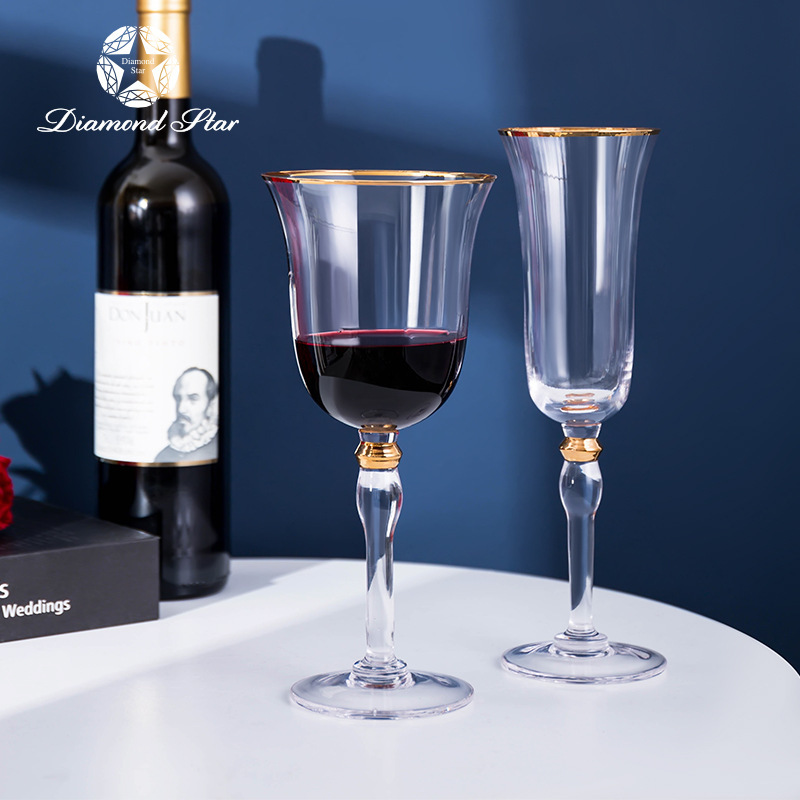 钻石星 轻奢描金透明玻璃高脚红酒杯香槟杯 宴会餐桌气氛装饰摆件