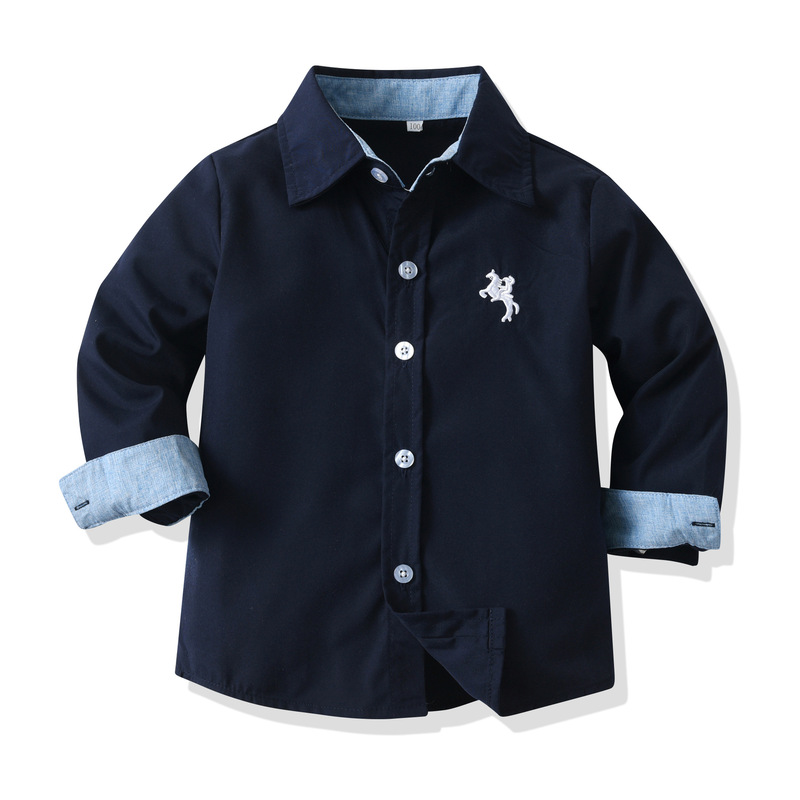 2024 spring and autumn children's versatile solid color embroidered long-sleeved single-breasted cardigan boys' Korean-style lapel casual children's shirt