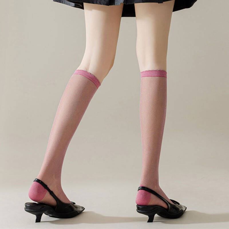 Korean Style Ice Silk Pearlescent Calf Socks, Summer Thin Transparent Gold and Silver Thread Knee-High Socks, Crystal Glass Silk Lace Socks Korean Style Ice Silk Pearlescent Calf Socks, Summer Thin Transparent Gold and Silver Thread Knee-High Socks, Crystal Glass Silk Lace Socks