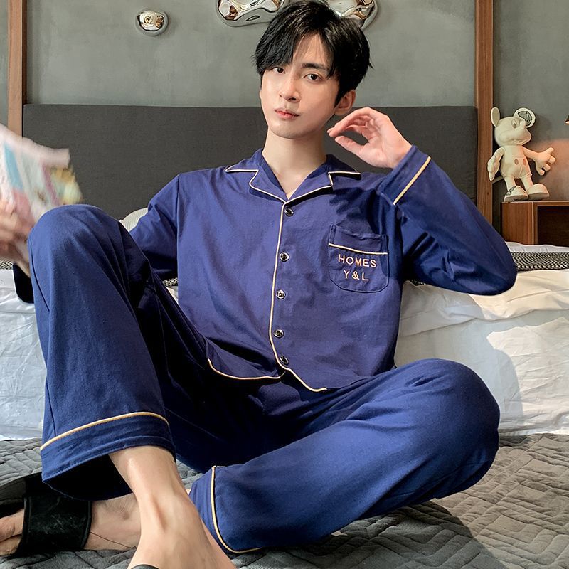 100% pijamas de algodón de manga larga de los hombres más el tamaño de los hombres de verano conjunto de dos piezas de primavera y otoño de los hombres traje de desgaste para el hogar