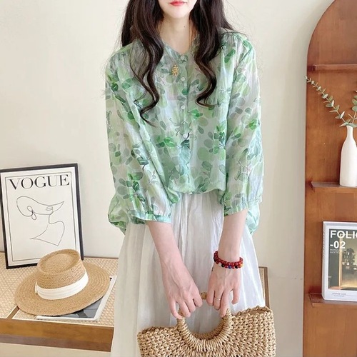 Women's new summer shirt, loose, retro stand-up collar, literary and fresh blue-green floral seven-hole sleeve