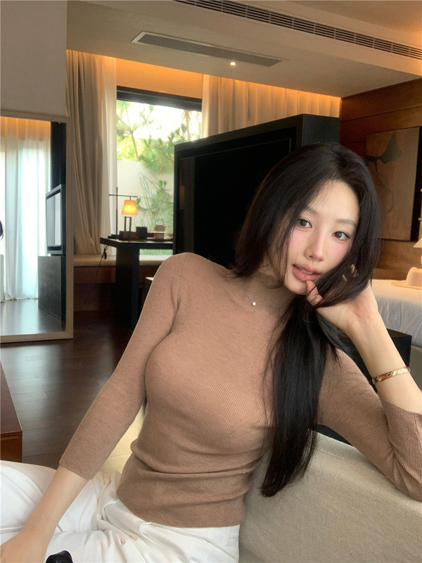 半高领打底衫女秋冬基础款纯色百搭修身显瘦正肩针织中袖上衣女装|undefined