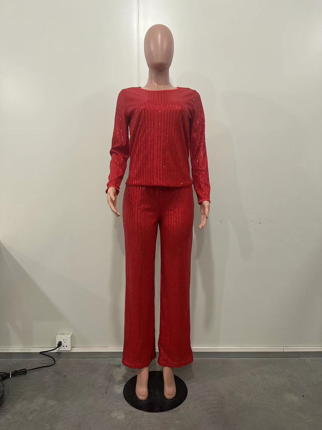 Women's Clothing new sequined solid color long sleeved trousers two piece set_voghion.com