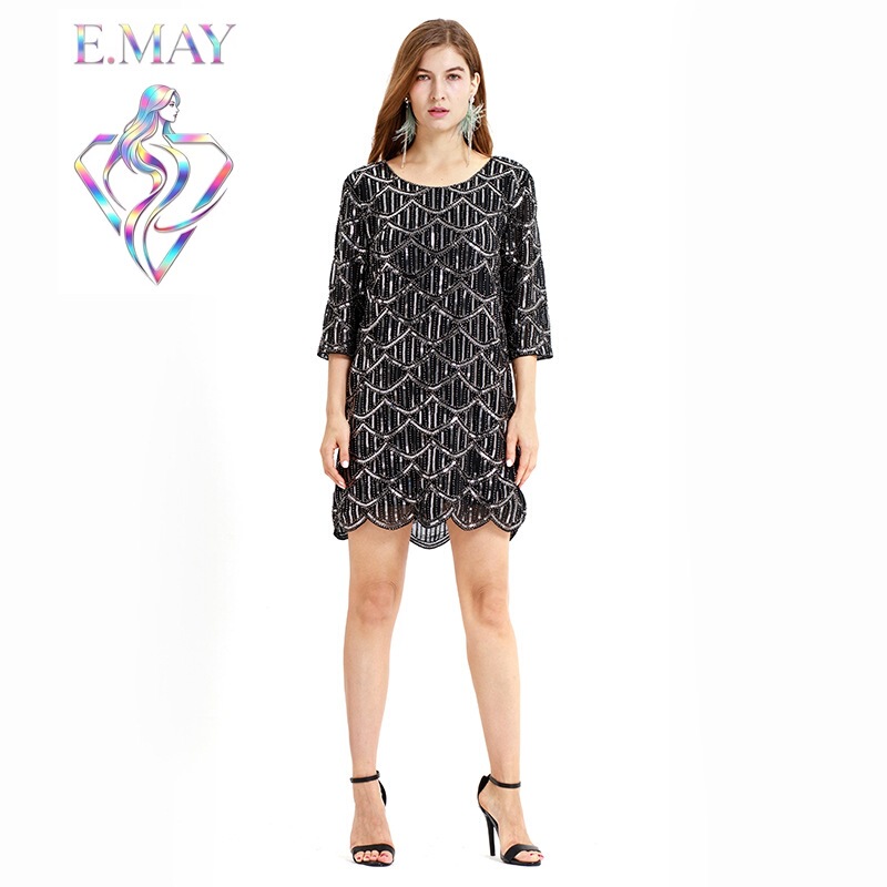 Gatsby Retro Heavy-Duty Sequined Beaded Dress, Socialite Style Batwing Sleeve Elastic Waist Evening Gown Dress