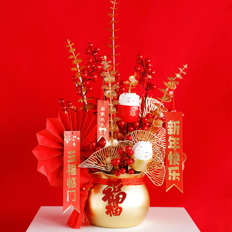 2025 bolsa de dinero de metal, cubo de bendición, cornucopia, maceta de arreglos florales de Nochevieja, material decorativo