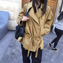 ins韩国东大门英伦风双排扣卡其色系腰带时髦个性风衣外套女装