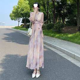 夏开叉新款女时尚优雅长款领五分袖绑带口袋收腰印花茶歇连衣裙