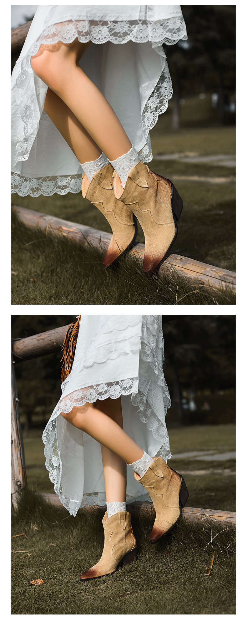 Boot cao bồi nữ da lộn mũi nhọn gót thô cổ thấp — Lớp lót nhung màu kaki chi tiết 12