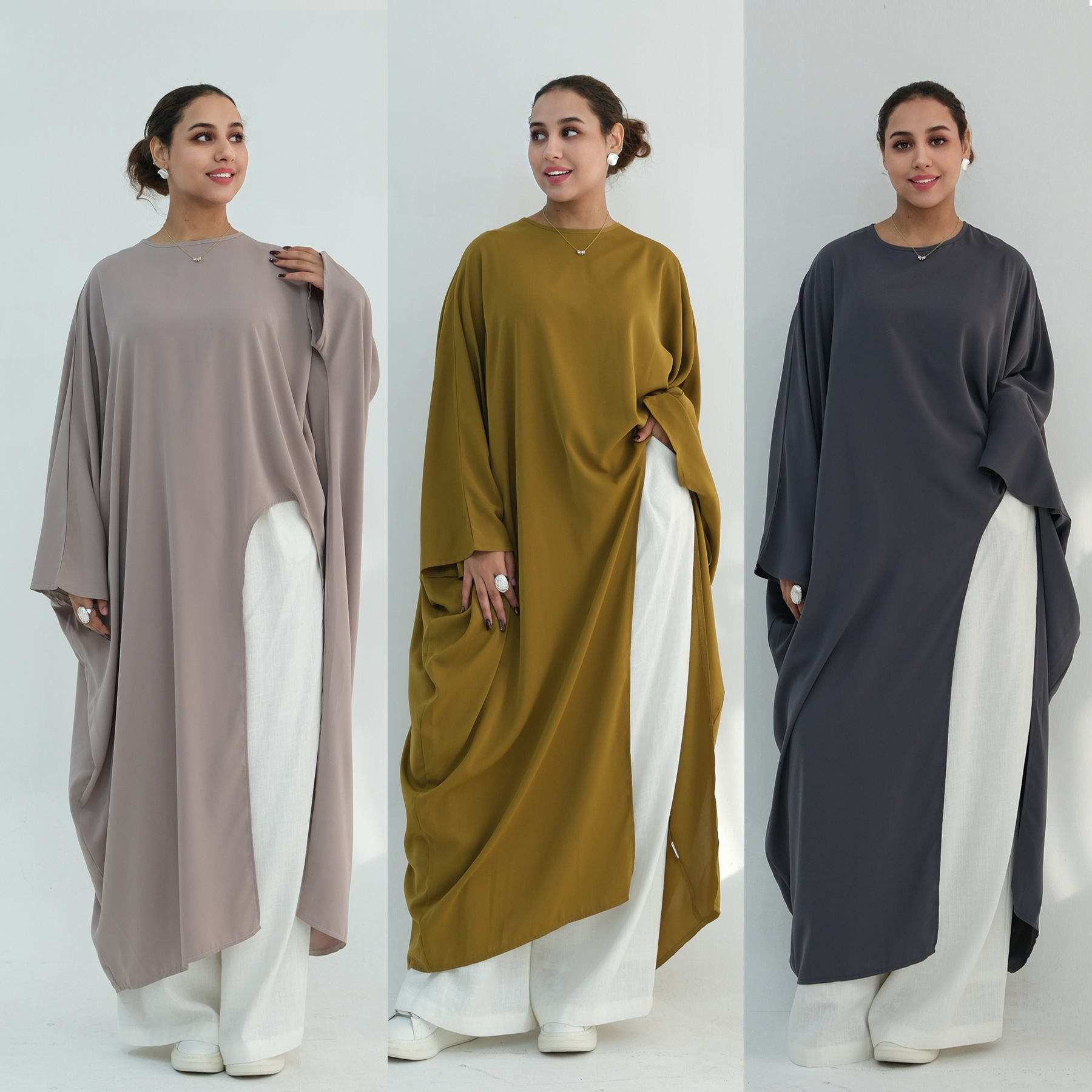 Voya Women's Oversized Modest Robe - Loose Fit Asymmetric Top With Crew Neck, Solid Color Longline Cardigan, Casual Loungewear, Elegant Daily Wear,_ecoleips.com