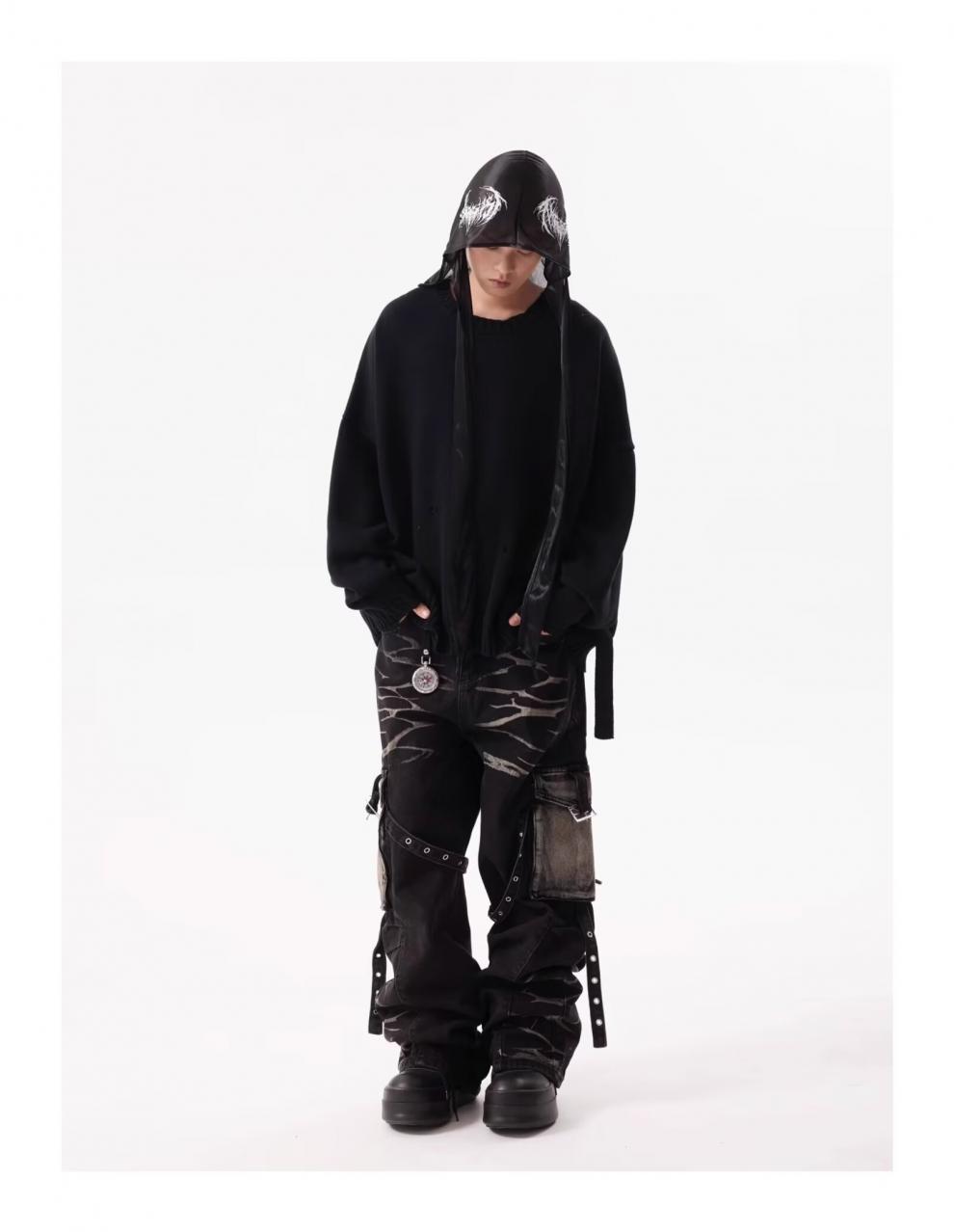 Jean cargo rétro ondulé à poches multiples et lacets pour homme, coupe droite, robuste et ample._voghion.com
