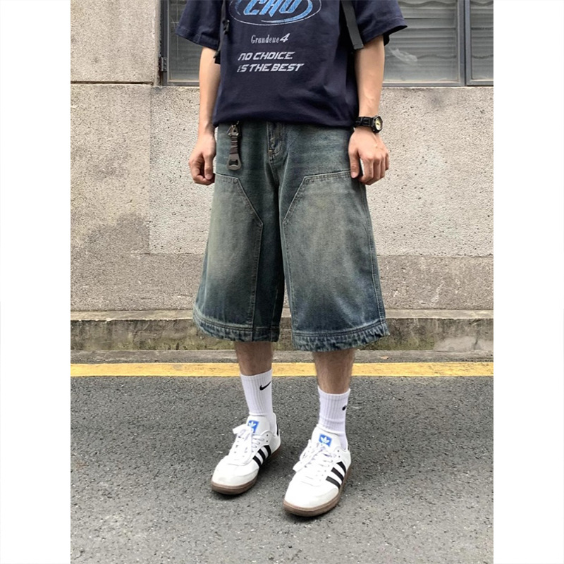 Vintage americano callejera lavado con agua jeans cortos hombres y mujeres relajados casuales rectos de piernas anchas marca de moda pantalones de siete puntos