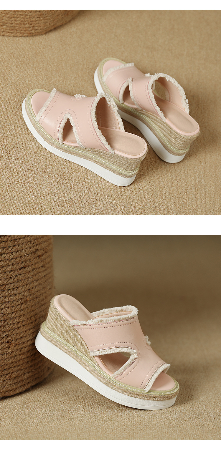 Dép sandal nữ quai ngang đế cao bện rơm mũi hở gót 9 cm — màu be, màu hồng nhạt chi tiết 11