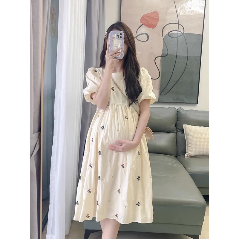 (2개) 임산부의 여름 원피스 새로운 스타일 서양식 프랑스 퍼프 소매 꽃 원피스 작은 임산부의 여름 세트