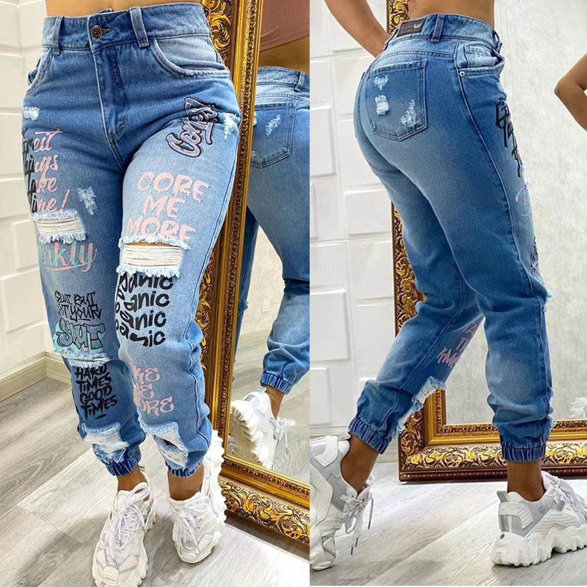 Women's Skinny Jeans Letter Print Ripped Washed Retro Relaxed Everyday Wear Comfortable Feshion_ecoleips.com