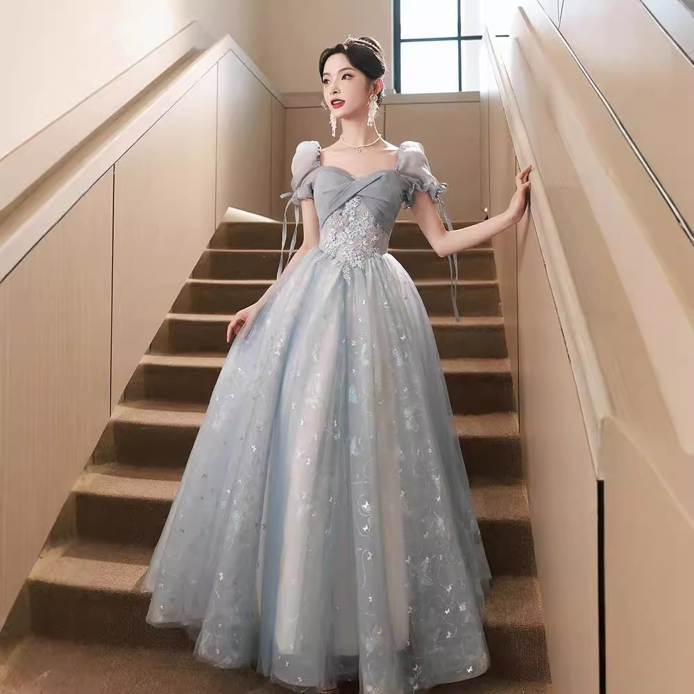 Vestido de Noche Azul banquete estilo francés luz nicho de lujo temperamento estilo sentido transfronterizo Princesa arte vocal examen rendimiento femenino