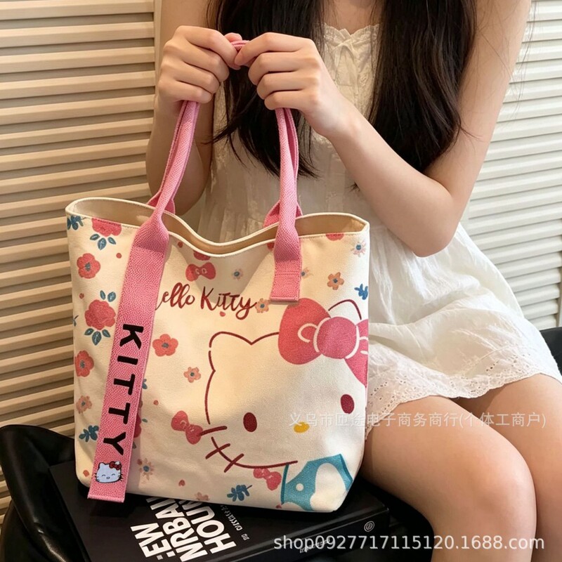 Korean-Style Cartoon Fashion Canvas Bag with Cute Hello Kitty Cat Print, Single-Shoulder Bag, Commuter Underarm Tote Bag