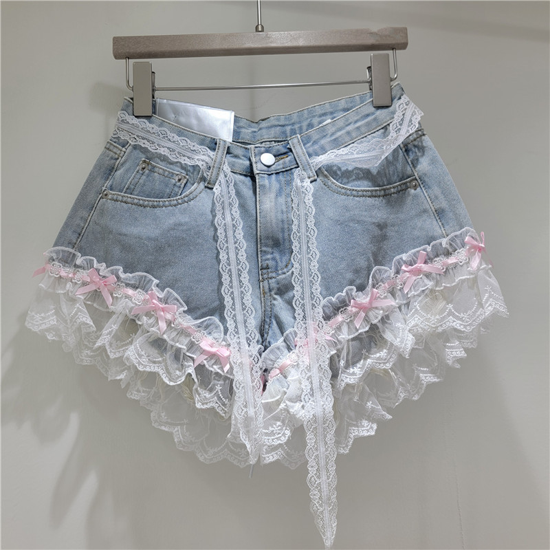Shorts de Mezclilla con Encaje para Mujer con Lazo Decorativo