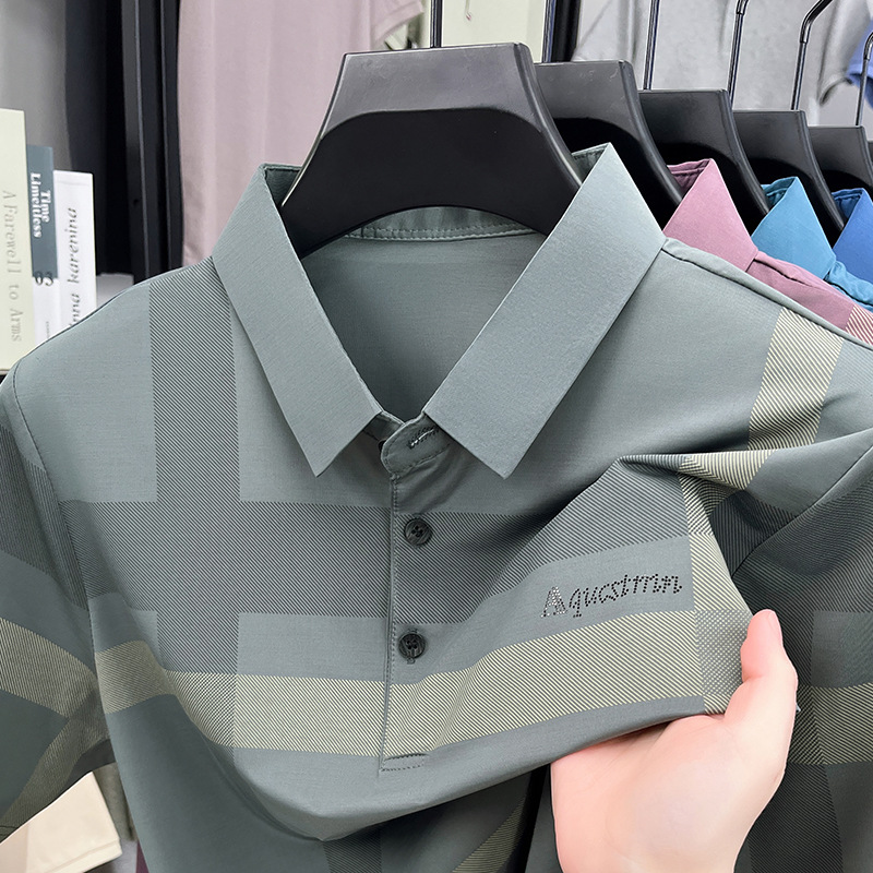 Summer Cross-Border Short-Sleeved Ice Silk Breathable Men's T-Shirt Middle-Aged and Elderly Dad's Polo Plaid Lapel Top Dropshipping
