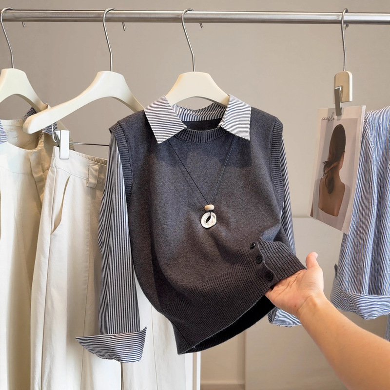 2025 Autumn Fashion Casual Fake Two-Piece Top Women's Knitwear Patchwork Striped Shirt Women's Age-Reducing Versatile Shirt