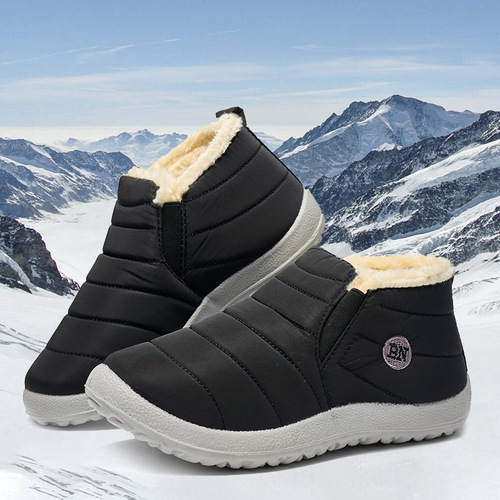 Women's Plus Size Winter Fleece Warm Snow Boots, Waterproof Old Beijing Cotton Shoes for Men, Flat Cotton Boots
