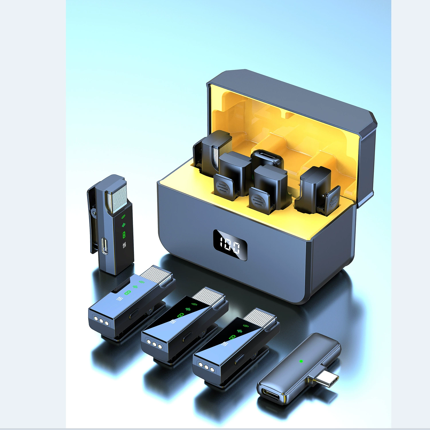 Сканер перетаскивает четыре беспроводных галстука-микрофона для мобильного телефона в прямом эфире