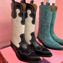 牛皮版~真皮复古刺绣尖头西部牛仔靴女粗跟显瘦骑士靴中筒马丁靴