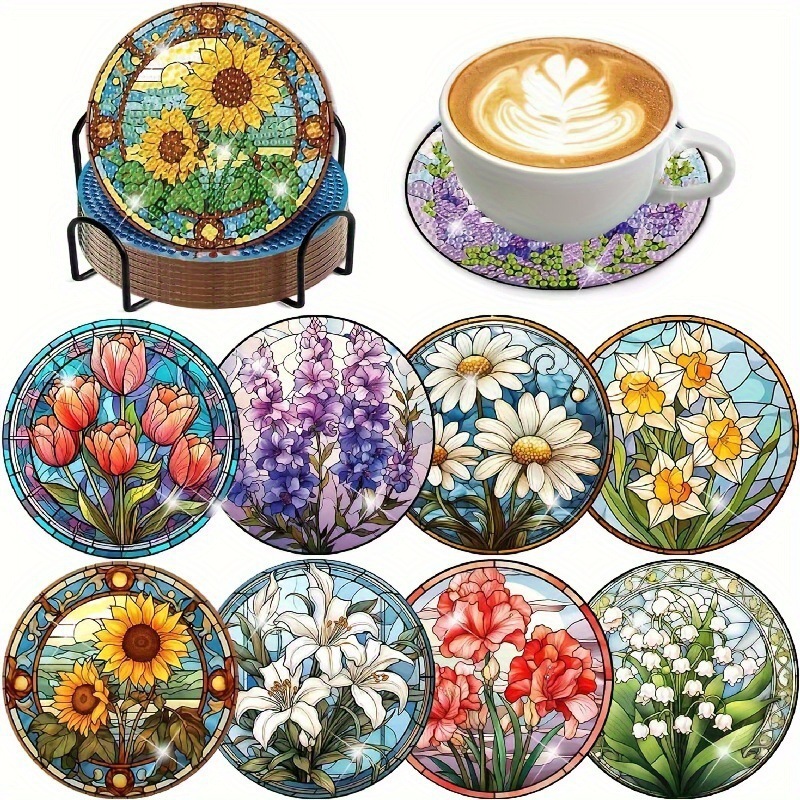 Ventas transfronterizas calientes de 8 piezas de conjunto de cojín de taza de arte de diamante, con soporte, pequeño conjunto de pintura de diamante, adecuado para adultos