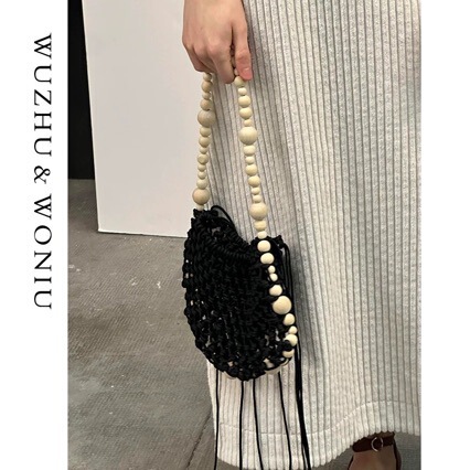 2025 Big Brand Wooden Bead Bag Hollow Cotton Rope Woven Bag Tote Bag Tassel Holiday Beach Bag All-match Outer