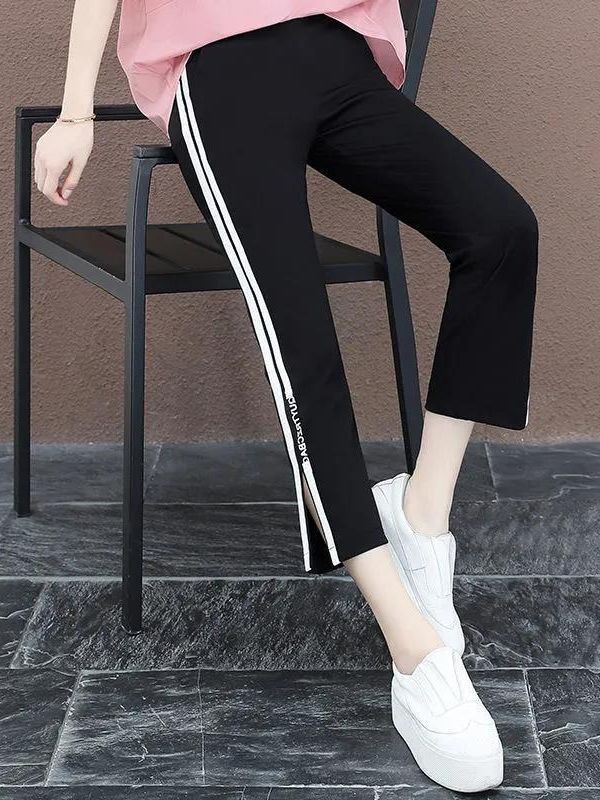 Side-Striped Plus-Size Split Hem Cropped Sweatpants Summer New Slimming Elastic High-Waisted Cropped Casual Harem Pants for Women