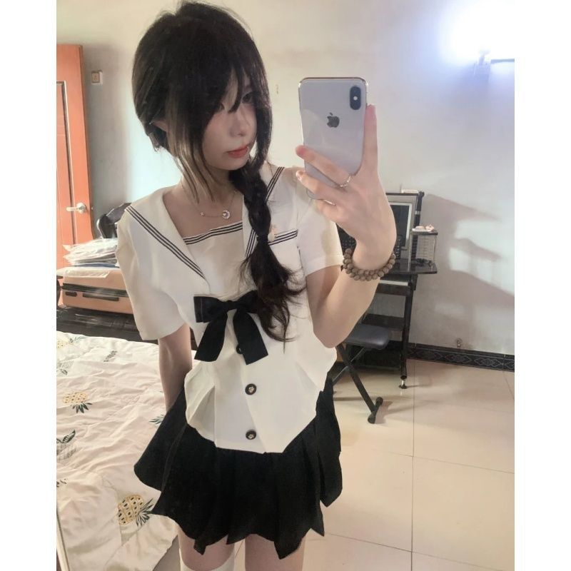 Jk Uniform Sailor Suit Waist Short Navy Collar Top Preppy Style Sweet Suit Sexy Belt Pleated Skirt