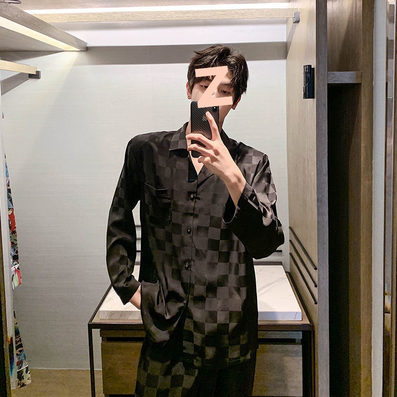Spring and Autumn Pajamas Men's Summer Long Sleeve Ice Silk Thin Plus Fat Plus Size Silk Student Home Clothes Set