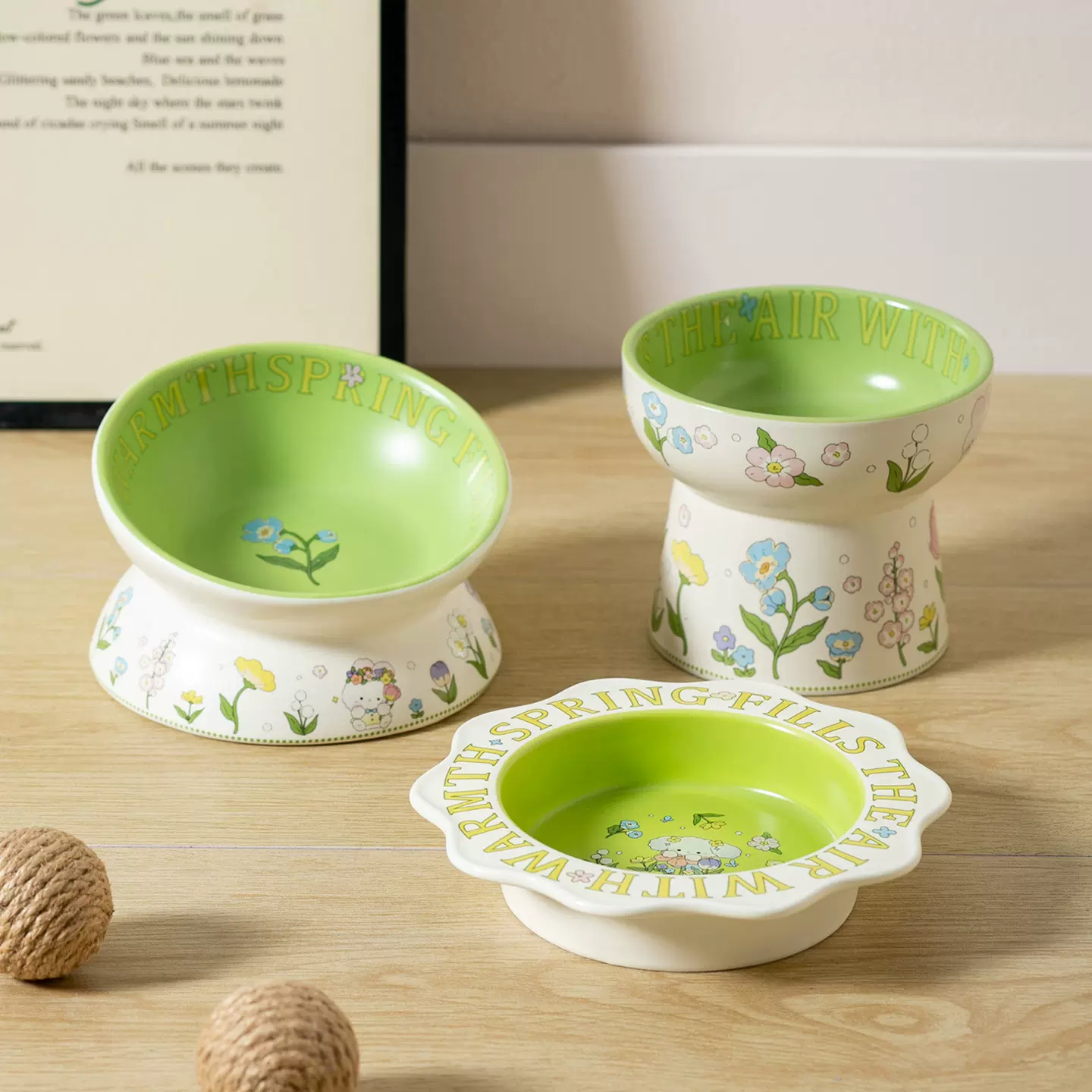 绿兔子花边猫碗防黑下巴猫罐头食盆陶瓷狗粮碗猫咪防打翻喂水批发