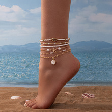 波西米亚沙滩度假风贝壳海星扇贝仿珍珠串珠多层叠戴女士脚链合集
