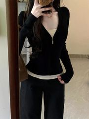 辣妹黑色假两件长袖恤女春秋新款复古设计修身显瘦拉链打底上衣