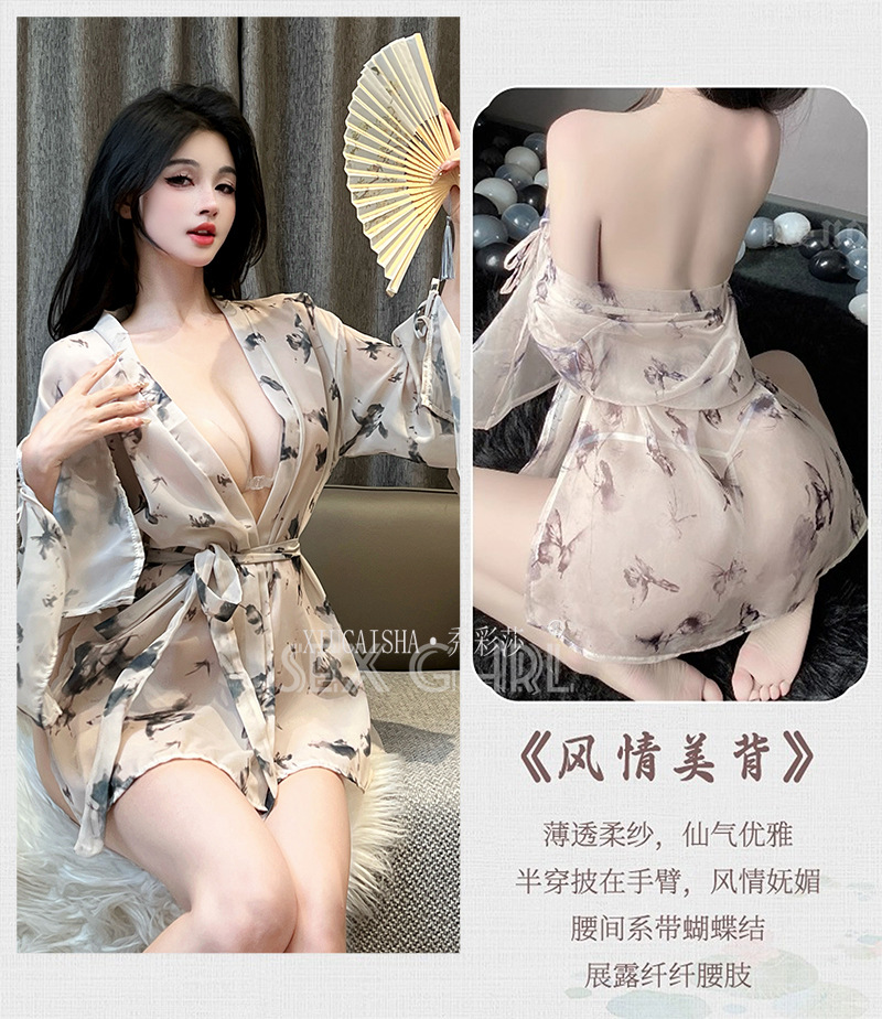 Butterfly Print Sheer Chiffon Kimono Robe Set with Belt and Thong — detail image 14
