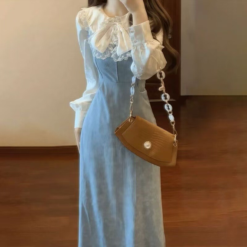 Autumn and Winter French Gentle Temperament Tight Waist Slimming Daily Commuter Bow Shirt Top Long dress suit